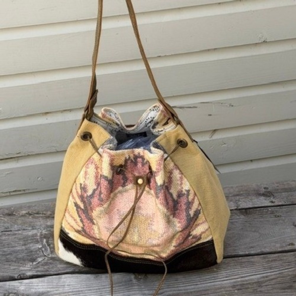 Myra Bag Kilim Rug Upcycled Canvas Cowhide Leather Drawstring Shoulder Bag NEW
